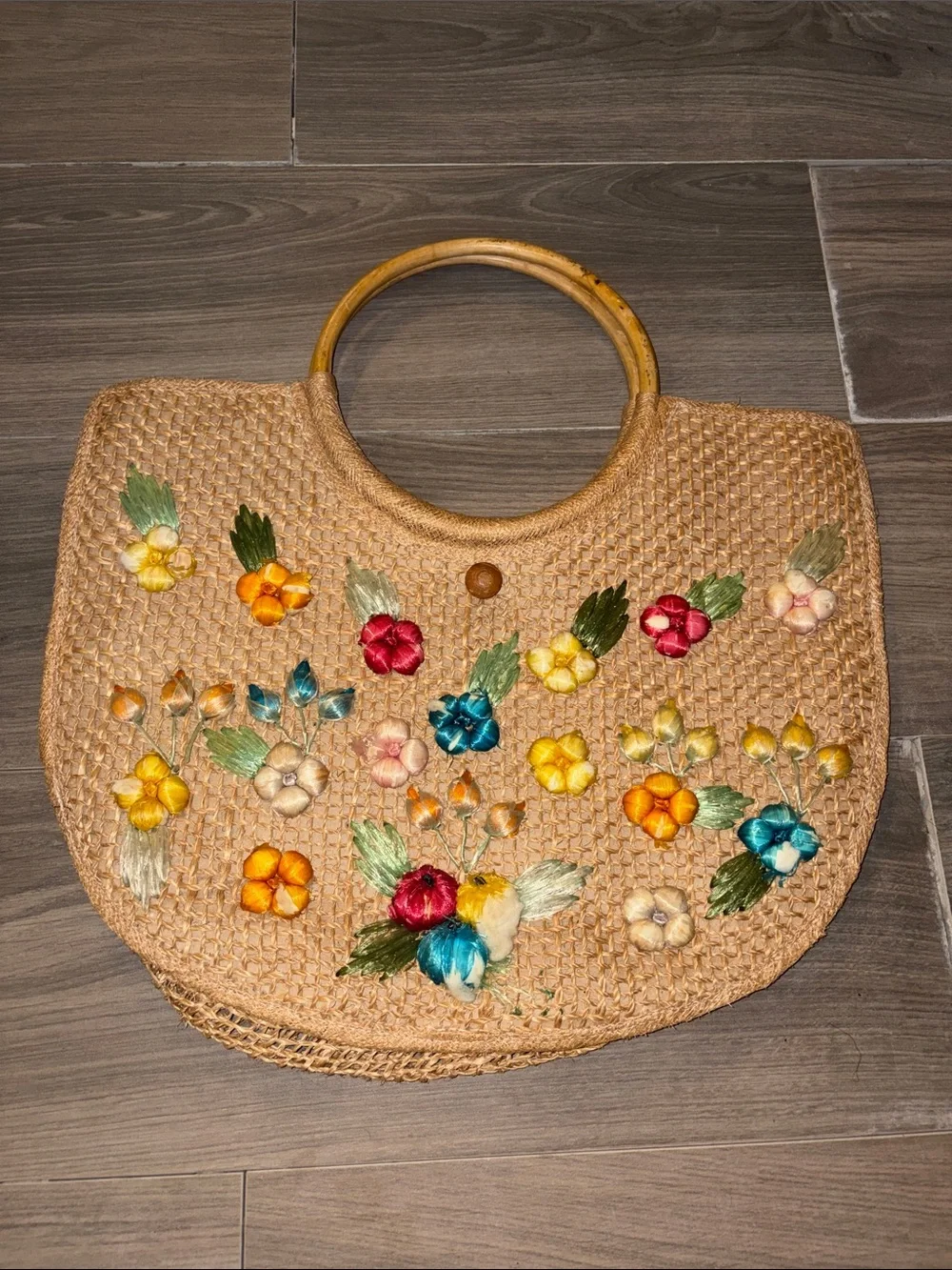 Embroidered Straw Tote Bag with Wooden Handles - Multicolor Floral